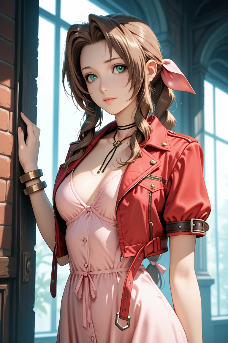 masterpiece, best quality, newest, absurdres, highres, source_anime, 
BREAK, 
expressive eyes, perfect face, cinematic lighting, high definition, eyesHD, high gradient eyes, high definition eyes, 
BREAK, 
1girl, aerith gainsborough, long hair, sidelocks, ponytail, brown eyes, braided ponytail, braided ponytail, drill hair, hair bow, pink hair bow, choker, medium breasts, lips, breasts, 
BREAK, 
necklace, bolo tie, side drill, bangs, collarbone, red jacket, pink dress, long dress, cropped jacket, short sleeves, bracelet, pink bow, cleavage, pink ribbon, bangle, open jacket, belt, buttons, 
BREAK, 
(contrapposto, hand on hip), sunset, sidelighting, cityscape, outdoors, depth of field, solo,