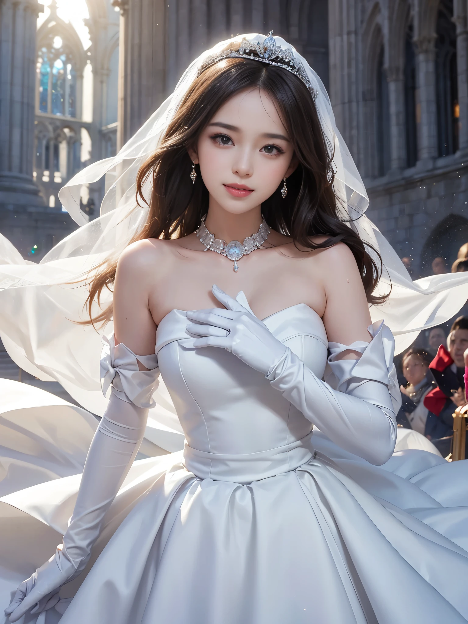 best quality, masterpiece, 1 girl, yak, cute , shiny lips, sweet, sun glare, Conservative attire, white gloves, wedding dress, Bridal tiara, depth of field, blurred background, Cathedral Background, light particles, strong wind, long hair, head tilt