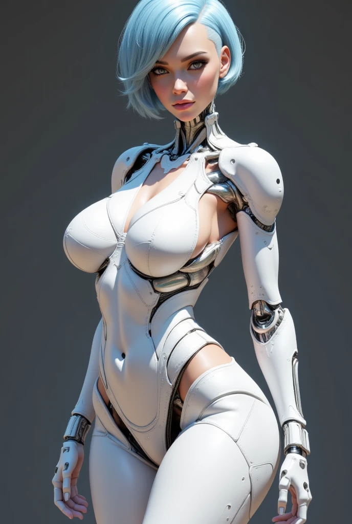robot, female humanoid, dominan white, blue eye, short hair, orange accent in body, looking at camera, white background, anime style face, pose like a model, full body