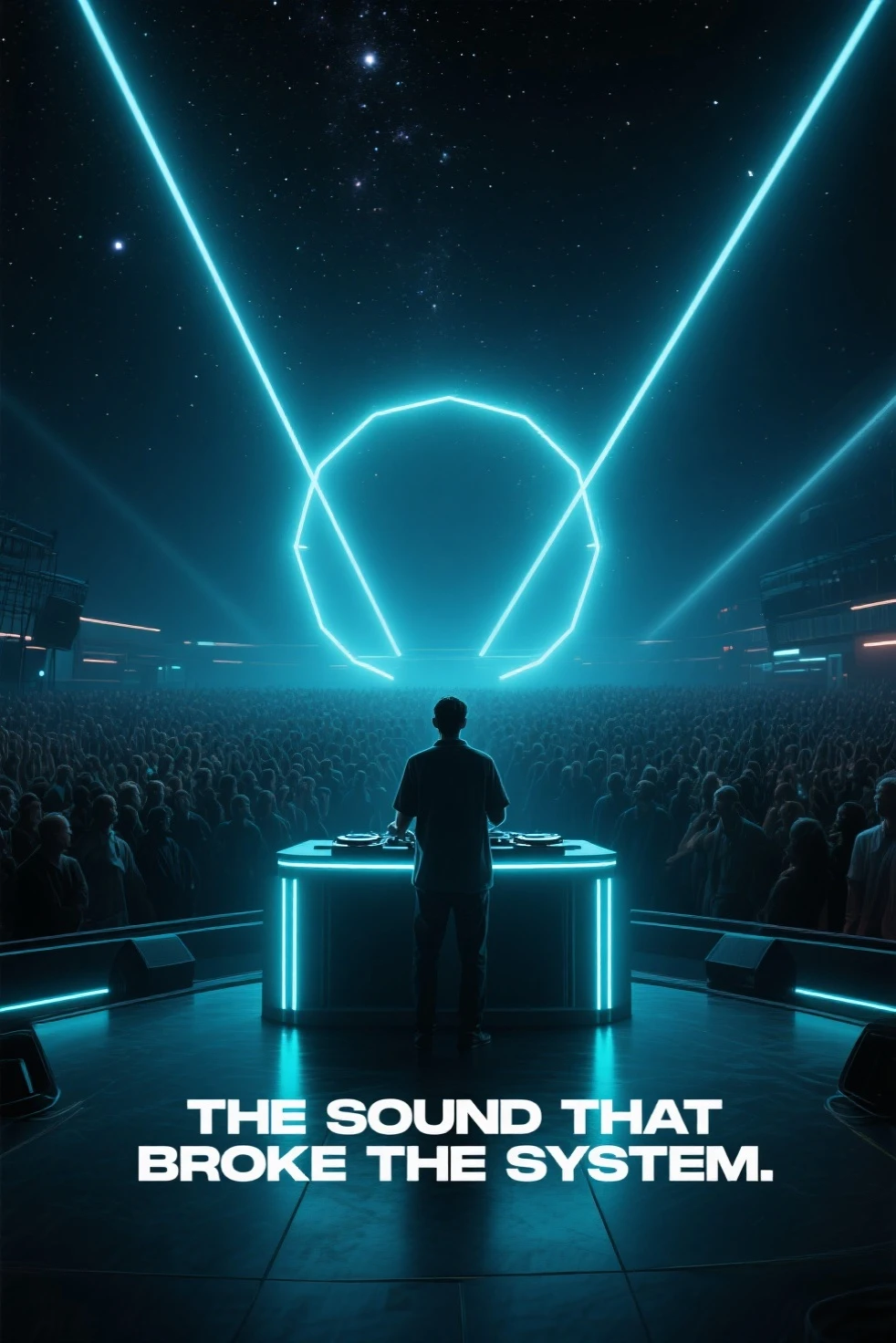 A lone DJ stands at the center of a glowing futuristic stage, surrounded by a vast, dark crowd under a starlit sky. Laser beams shoot upward into the night, forming a geometric halo above. A single subtitle at the bottom reads: “THE SOUND THAT BROKE THE SYSTEM.” — cinematic lighting, sci-fi film poster style, minimalist layout, bold contrast, centered framing, deep shadows with neon highlights, widescreen aspect ratio