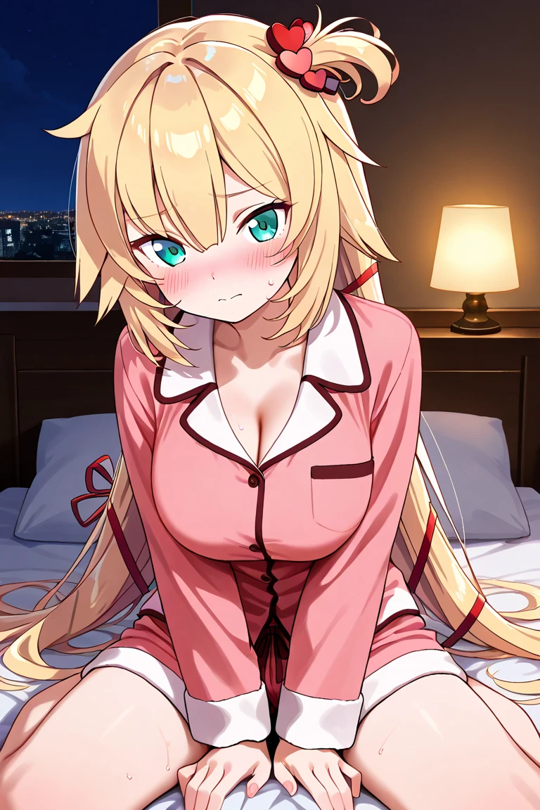 highest quality、、Big Breasts、Cleavage、Fox ears、Long blonde、Red Eye、pajamas、Sleeping、Bedroom