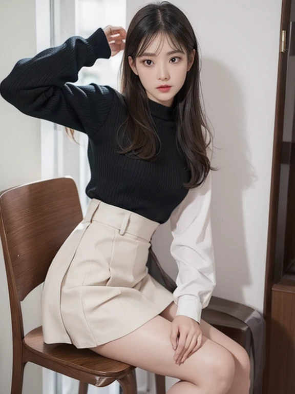 Best quality, masterpiece, ultra high res, raw photo, beautiful and aesthetic,deep shadow, dark theme,(photorealistic:1.4),
1girl, pantyhose, white pleated skirt, woolen sweater, slim body, fit,
Graceful poise, evocative atmosphere, magnetic presence, refined seduction, captivating mystique,
Intricate zentangle patterns, a single female figure, astonishing level of detail, generously endowed, full-body composition, striking perspective, a chaotic masterpiece, gracefully poised, inspired by brutalist architecture, vibrant color palette, undertones,