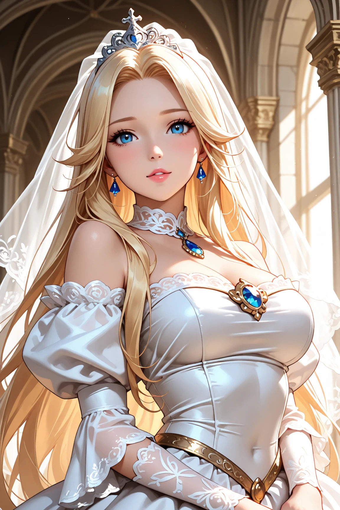 (Highest quality,Super detailed,High resolution,masterpiece,8K),Bright and vibrant colors,Official artwork,Greek white costume,Stylish makeup,Mid-length, shiny blonde hair fluttering in the wind,Captivating eyes,Beautiful Blue Eyes、Glossy Lips,Beautiful woman with ample breasts,Beautiful neck line, Holding,Captivating smile,whole body,,Old Temple,flower,Detailed CG,