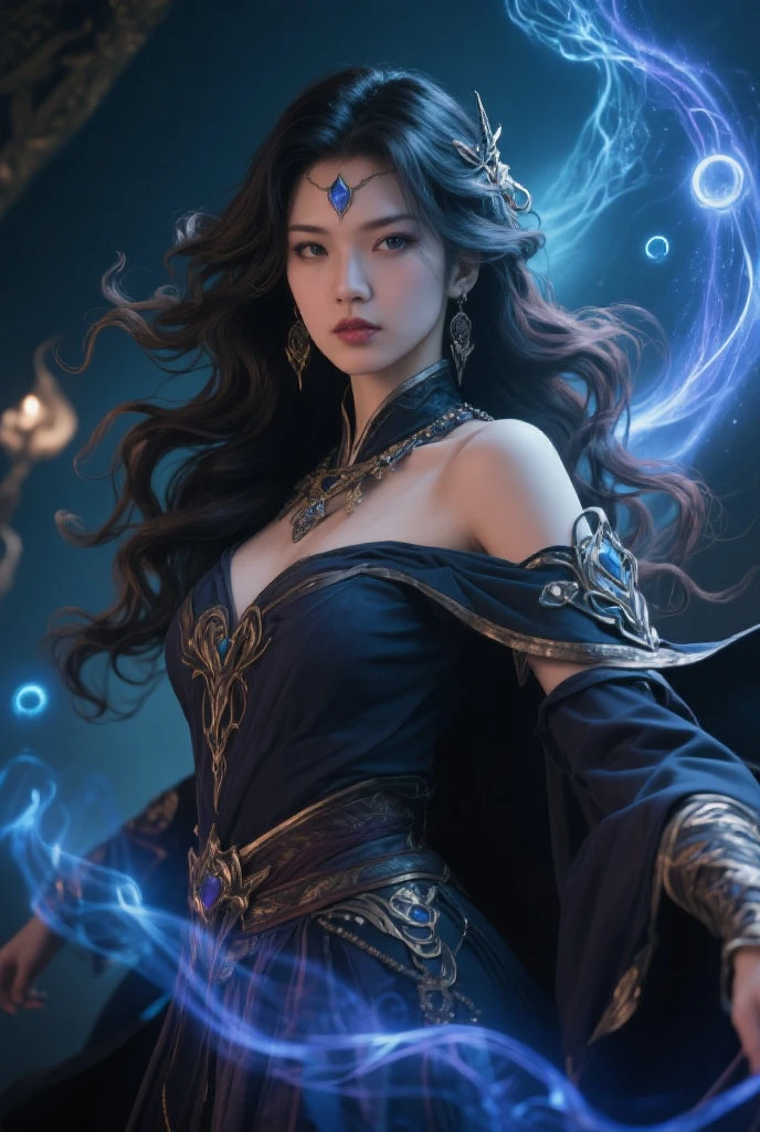 Luna is a striking character with an air of mystery. She have long, flowing midnight black hair that cascades down to her waist, framing her porcelain skin. Her piercing sapphire blue eyes seem to hold a glimmer of ancient knowledge. Luna has a lithe and graceful figure, with a slender build and elegant posture. She often wears a flowing, deep purple cloak that billows around her as if touched by an unseen breeze. Beneath the cloak, she dons a midnight blue dress adorned with intricate silver celestial patterns, symbolizing her connection to the mystical.
Accessories: Luna’s accessories reflect her affinity for magic. She wears a silver crescent moon pendant suspended from a beaded choker, symbolizing her connection to the lunar powers. She carries an ornate wooden staff with intricate carvings, adorned with glowing crystals at its tip, which serves as her conduit for channeling magical energies. Luna also dons fingerless gloves with delicate silver embroidery that enhances her spellcasting abilities.