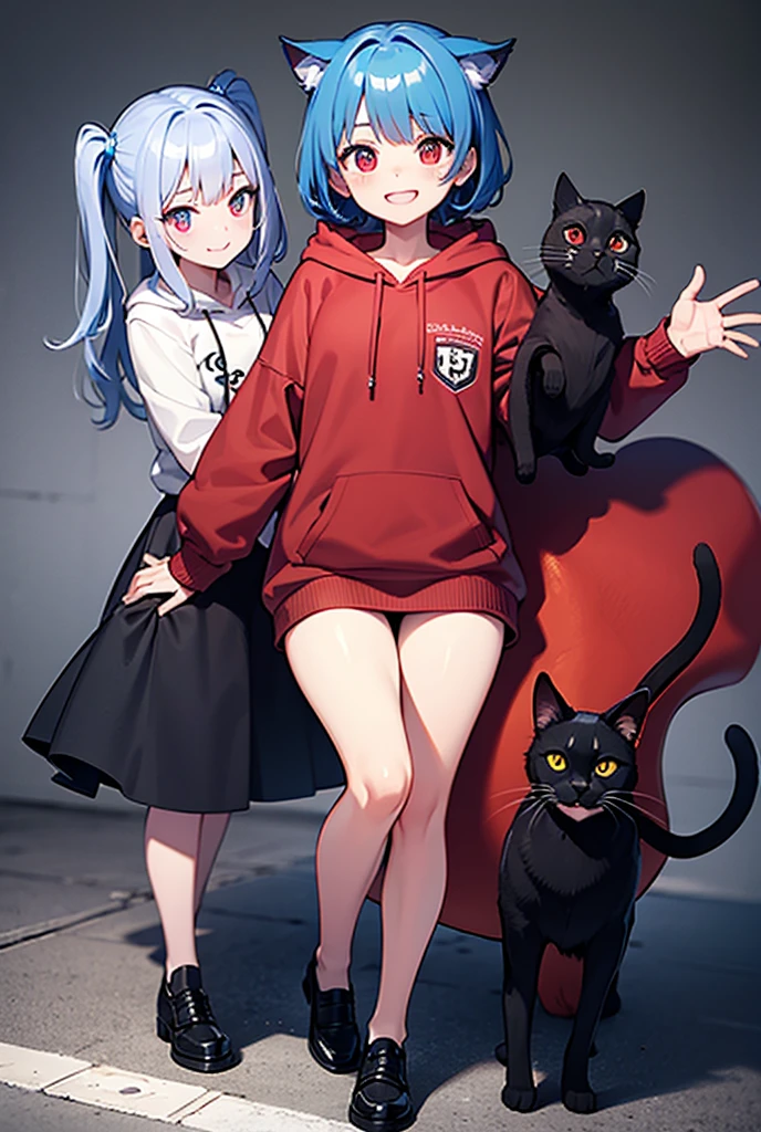 1cat girl, long black hair, blue eyes, wearing shiny black one piece swimsuit, aqua cropped t-shirt, black skirt, beach, absurdres, high res, ultrasharp, 8k, masterpiece, looking at viewer, seductive, seductive pose, sexy, captivating, large breasts, cute yet seductive smile, attractive, sexy shape, sexy curves, large dangle earrings, determined look