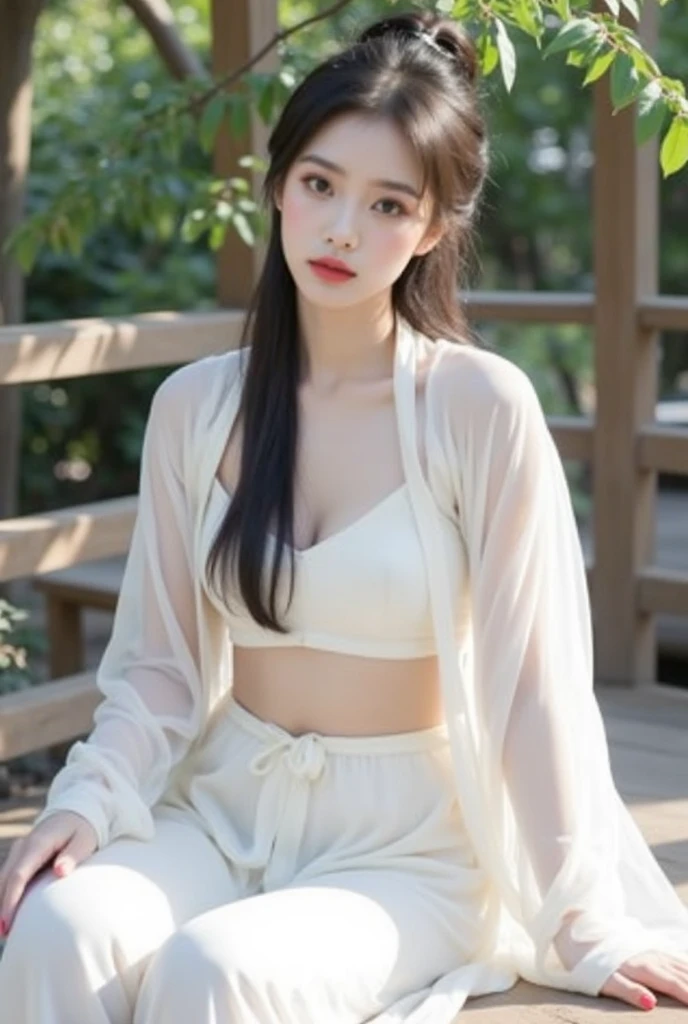 masterpiece，Boutique，illustration，Ultra-detailed，Exquisite details，high resolution，8K Dende Wallpaper，Perfect dynamic composition，24 year old beautiful girl，Delicate and beautiful face，Delicate and beautiful eyes，Textured skin，A faint smile，Wavy long hair、Spring long sleeve shirt、Half-body photo、Provocative eyes、Charming expression、More clothes、outdoor、Large aperture、Large depth of field、8K quality、cute、Black pants、White coat、White underwear