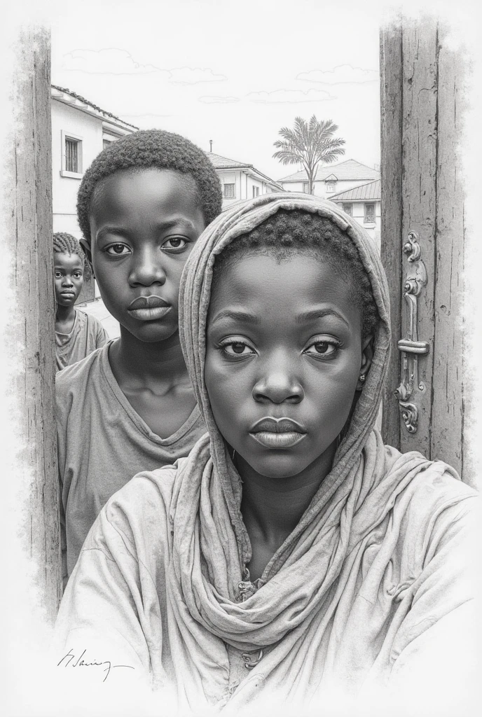 Create a black and white image showing GOD DEFENDS THE POOR ORPHANS, WIDOWS AND FOREIGNERS