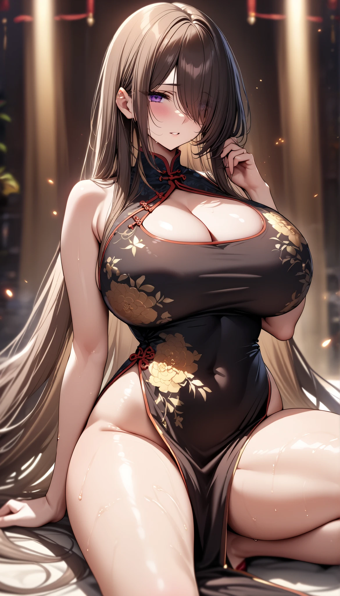(masterpiece, Highest quality:1.2), 1girl,((long hair)), (((dark brown hair))), (straight hair), ((hair over face)), (hair over one eye), (hair over right eye), ((chinese dress)), (purple eyes), (huge breast), high detail, bloom, ((detailed face)), (beautiful effects), bare legs, cleavage, thong, heels