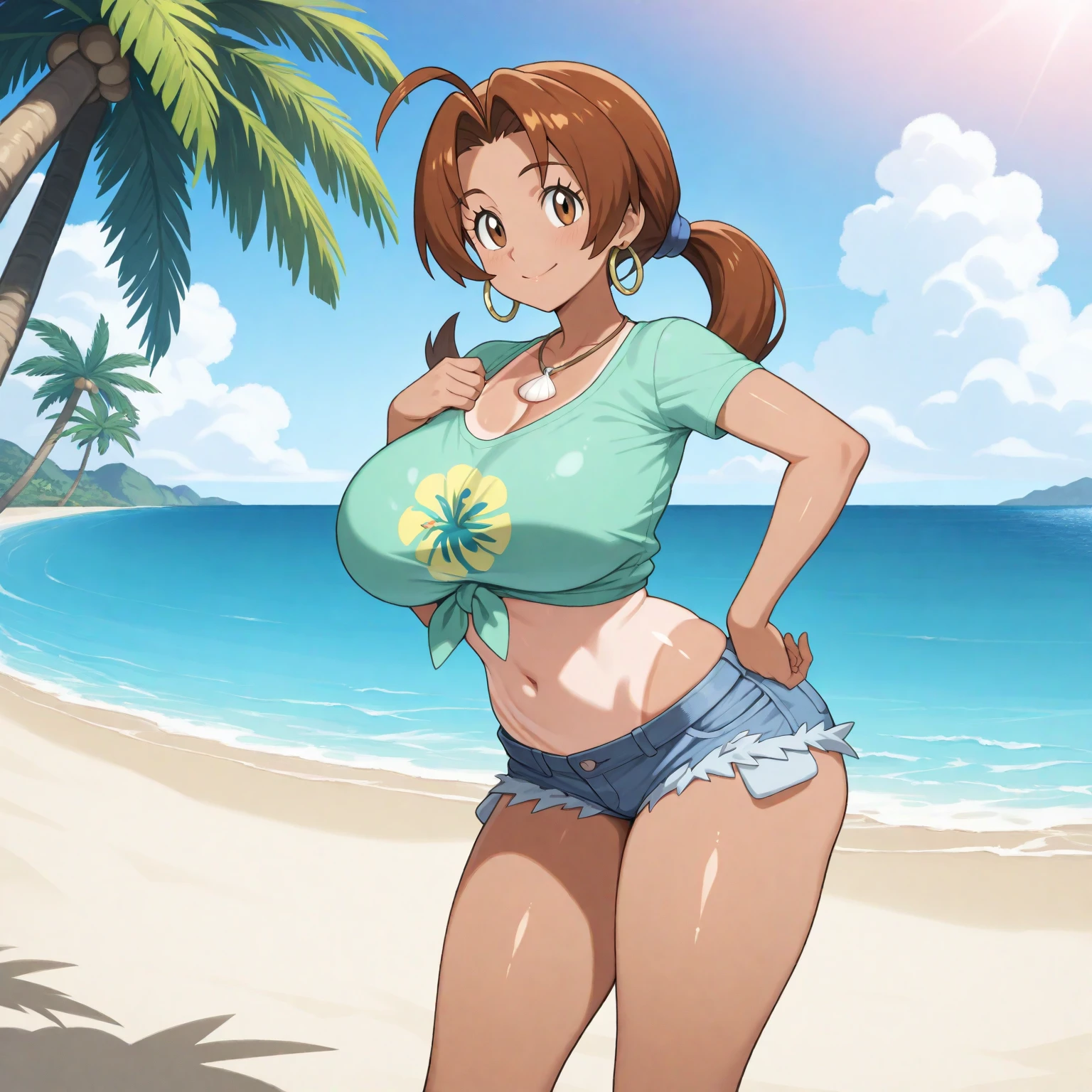 ((Table t○p, highest quality, Hi-Res Lucifer,Anime Screen Capture、Perfect Pixel, 4K))、nsfw、Perfect Anatomy、(((Huge breasts、Swollen nipples、Wide ass、Wide hips、Thick thighs、Chubby)))、Sweat, (((black baseball cap、Shirt lift、White shirt、blue striped panties))),(Green Eyes)、((short hair、Long single braid))、((Brown Hair)), ((((blush、Embarrassing))))、smile、(Beach)、((Both armpits、Hands behind head))、from the front