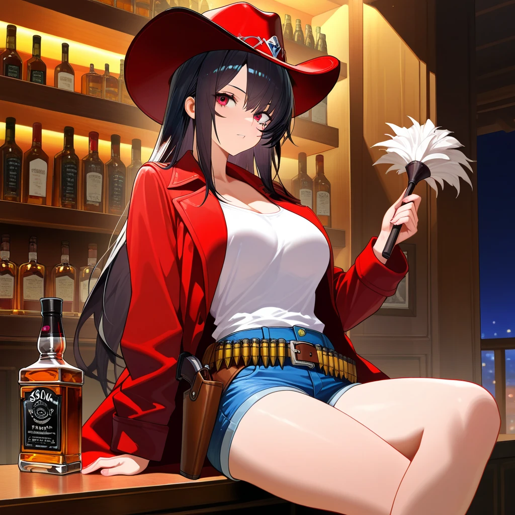 perfect face, perfect hands. A black haired female cowgirl with orange eyes in a conservative cowgirl outfit is drinking at a saloon with a big smile