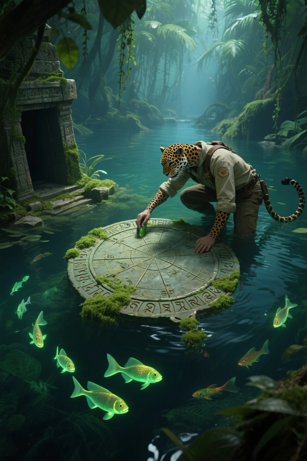 A jaguar archaeologist uncovering ancient runes inside a sunken temple beneath a jungle lake — glowing fish swim around him as he brushes moss from a relic shaped like a celestial map.