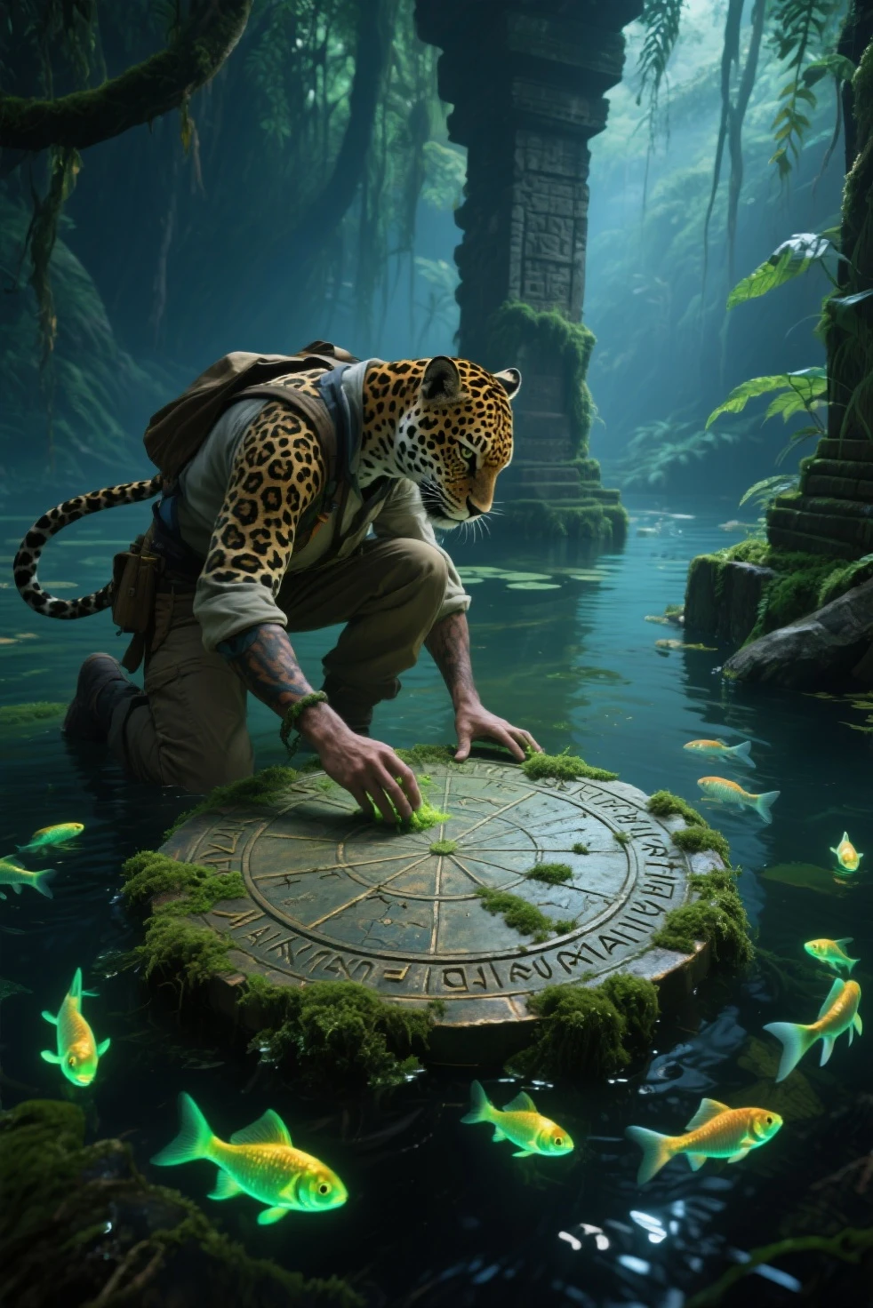 A jaguar archaeologist uncovering ancient runes inside a sunken temple beneath a jungle lake — glowing fish swim around him as he brushes moss from a relic shaped like a celestial map.