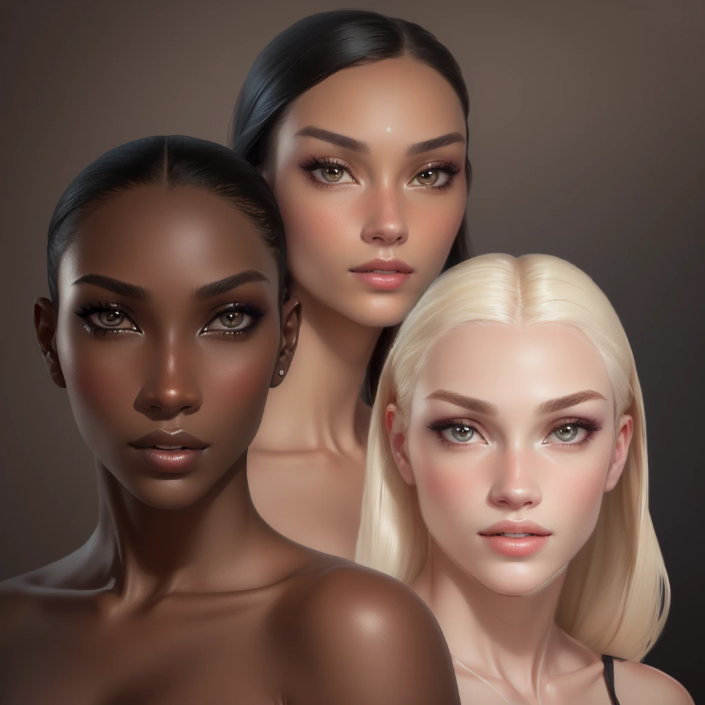 Whites and blacks and yellows women and man, one white with black hair, another white with blonde hair and one black with very short hair, all of them have extremely exaggerated plastic surgery on their faces, Different ages