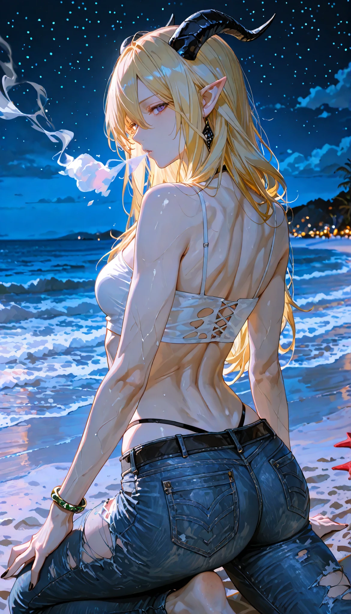 (artist:OKAZU:1.10), (artist:hiten:0.51), artist:WANKE, (artist:ciloranko:0.55), ( character), (masterpiece: 1.2), (best_quality: 1.0), (solo: 1.4), (1view, slim physique), 1woman, middle-aged woman, 30 years old, (close-up, solo focus), ((ultra detailed, cinematic, hyper detailed, hyperresolution, official arts, wallpaper 40k, blowing art)), ((pink-blonde hair, long hair, lush hair)), voluminous hair, hair ornament, beautiful finger, beautiful body, beautiful character design, perfect face, colorful, bright_front_face_lighting, (bright_color: 1.2), (beautiful, small breasts size: 1.2), (beautiful, big ass: 1.2), beautiful, long legs, (Beautiful physique: 1.4), (beautiful_face: 1.5), seductive, bottom view, back view, looking at viewer, (muscular woman, extra muscular, beautiful back), (beautiful clean skin)), (black nails, fingernails), ((panties straps, black straps)), (white crop-top, torn jeans, white-blue jeans, jeans with slits, slits pants, torn pants, pants with torn edges), (bracelet, onyx bracelet, delicate bracelet), (messy hair), (bare shoulders, bare stomach, bare foots), (mature female, clean skin, pointed ears, black horns), ((background, night, beach, light sand, shadows)),