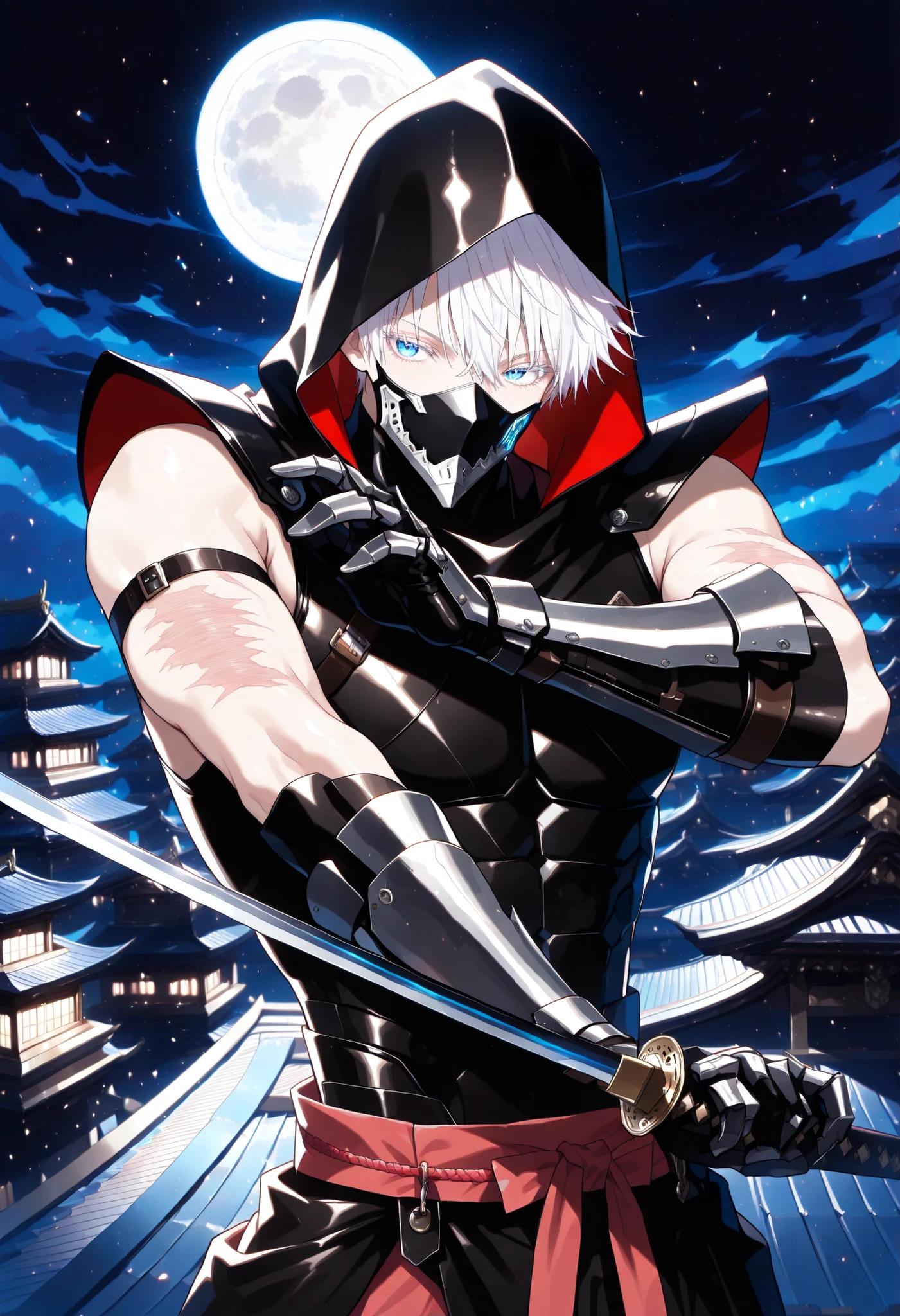 1man, gojou satoru /(jujustu kaisen/), detailed eyes, blue eyes, white hair, short hair, detailed eyelashes, colored eyelashes, sexy man, trained body, muscular, handsome, cool, mature man
 scar on right eye, moon, dark sky, standing on a rooftop, temple rooftop, temple complex in the background , (((masterpiece))), (((best quality))), (((ultra detailed))), samurai, holding katana, dynamic pose, fighting,  flat color, dark them, ninja outfit, ninja mask, solo, black vest, shoulder armor, gauntlets, black hood, armored gloves, elbow gloves, bodysuit, mask, ninja, mouth mask, hood up, belt, gloves, upper_body, night