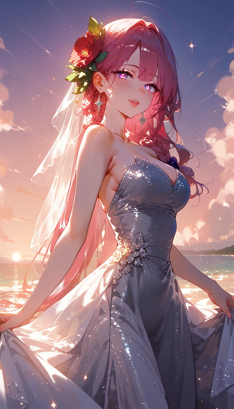 (Highest quality、Highest quality、Masterpiece、Very delicate、Very detailed、Exquisite、16K、Full HD)、1 female、(Silver dress、Flared mini skirt、gem、ribbon、White frills)、Small breasts、Perfect body line、Glowing Skin、(Groomed eyebrows、Pink Lips、Red eyeysterious Face)、(Blue Hair、Vertical roll、Shiny Hair)、Dramatic lighting、(Sandy Beach)