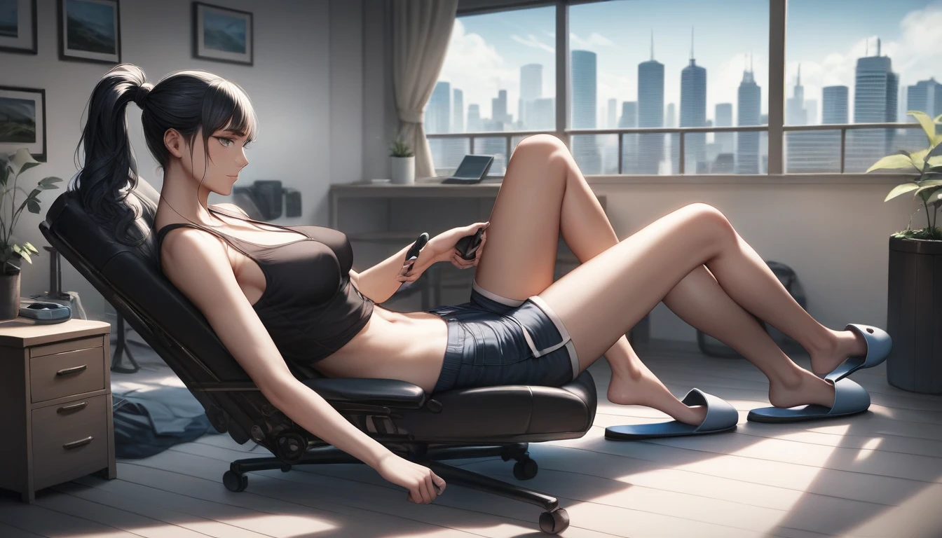 Create a high-quality, detailed image of a beautiful, anime gamer girl with long hair, bright blue eyes, and a smile, sitting at her gaming PC in her gaming room. She is wearing a see through tank top, barely showing her nipples, and sleep shorts, showing her midriff, highlighting her stunning curves. The warm, inviting scene includes soft ambient lighting, comfortable seating, The setting is illuminated by a small lamp, creating a serene and intimate atmosphere