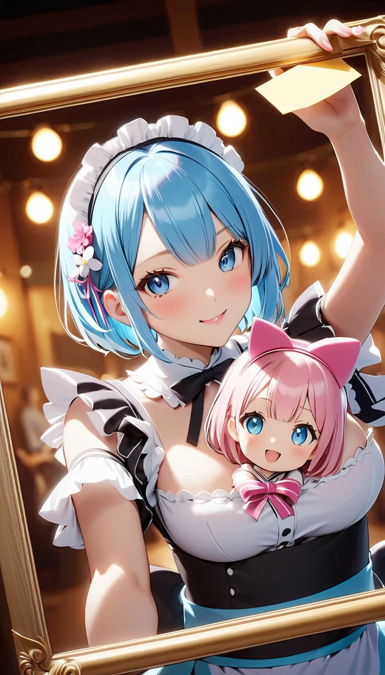 Anime girl in lingerie sitting on bed with open window, a pastel by Shitao, pixiv, process art, rem rezero, seductive anime girl, | Anime with small details, rei ayanami, teasing smile, short blue haired woman, top rated on pixiv, trending on artstation pixiv, too, ayanami, the anime! 4 thousand., (Masterpiece, Best Quality;1.3), Ultra Detailed, looking a viewer, kissy face, From directly above, open mouth,full - body, Kneeling,
rem_re_zero, Blue hair, Short hair, Maid uniform, hair ornament, cleavage, maid headdress, detached sleeves, heart-shaped ribbon pupils,Pink background,