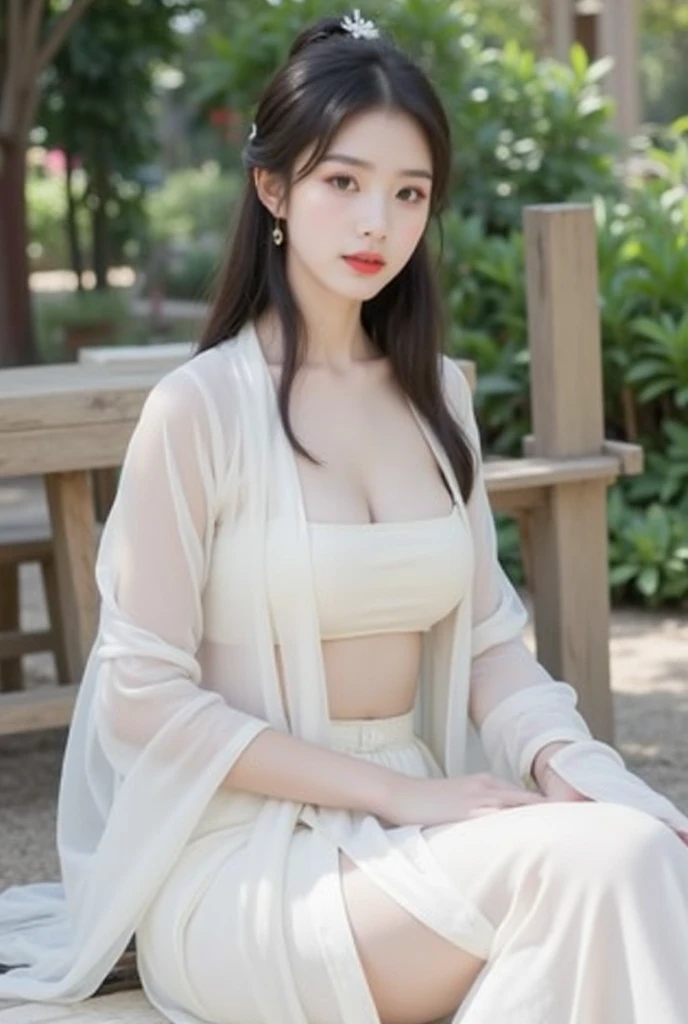 beautiful young Indian girl, 15 years old, best quality, ultra high resolution, (photorealistic: 1.4), autumn, sakura tree, dress with neckline, tiny dress, Tights, high heels, Perfect Body, small breasts, bare chest, Tough, long blonde hair, ((Detailed eyes)), full body, posing, sitting on square bench, raining, wet clothes, detailed skin, fair skin