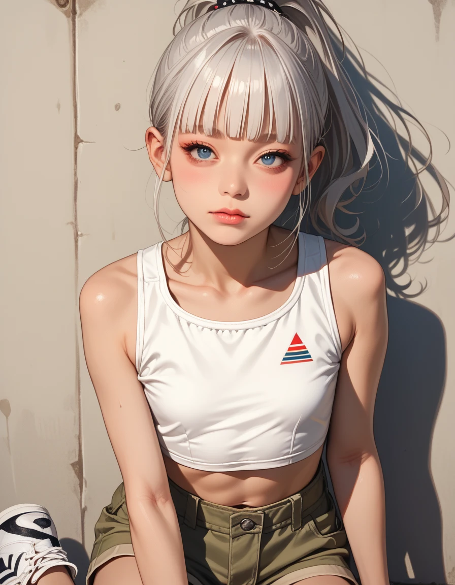 realisticlying、one girl, crop top,,Face enhancement,Blushing,Red lipsBed sit,Open your mouth wide、Put your arms around the back of your head、Wearing underwear, white hair, freckles, lipgloss, lip focus,