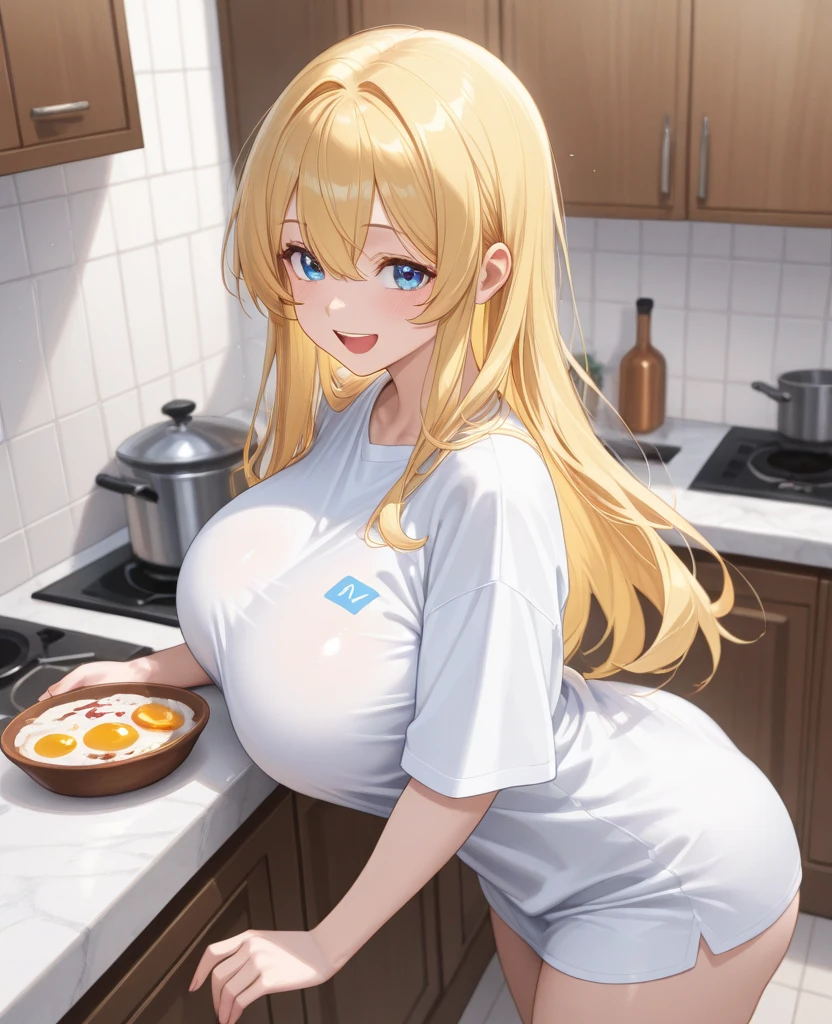 (Cute innocent white 12 year old), long blonde hair, flower on hair, blue eyes, (huge massive round breasts:1.3), making breakfast on a kitchen, breakfast, coffee, early in the morning, smiling, (wearing erotic minimalistic floral sundress), having fun, happy, smiling, blushing,