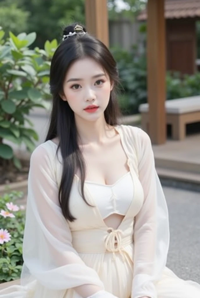 a beautiful girl, detailed face, delicate features, long eyelashes, soft skin, elegant expression, gentle smile, flowing hair, floral dress, outdoor garden setting, lush greenery, sunlight filtering through trees, warm color tones, cinematic lighting, intricate details, masterpiece, highly detailed, photorealistic, 8k