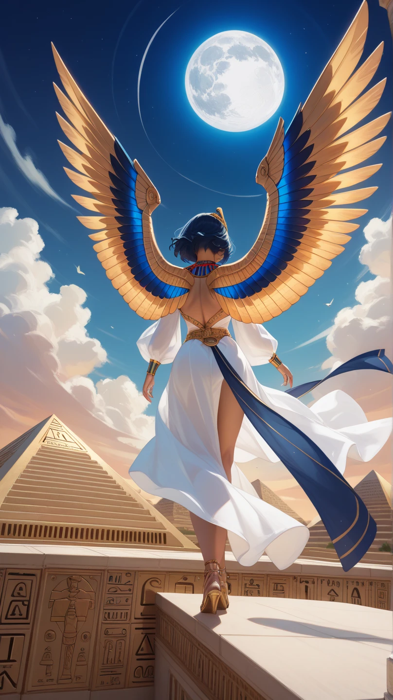 
Pyramids of Egypt, Pyramids shining under the moon, 
in ancient Egypt 
Night time, dark , moon

Aerial  
Flying ,
 
,jump in ancient Egypt , moving illustration、(dynamic pose I was in), Aerial photography、Overlooking、 masterpiece, 最High Quality, High Quality, 、Jump in 、(((Aerial)))、Egyptscapes 、 Invalid、Wide Angle Shot 

A girl with wings  in the centre , colourful wings, wings with mix of green and dark blue , flying above the pyramids,the girl's backside 
Dark blue hair, Short Hair, long dress, long sleeves 
Wide Angle Shot  the girl
Focus on the pyramids 
Backside
High Quality 
Back view 
The girl flying above the pyramids 