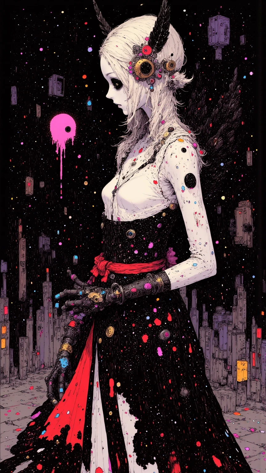 negative space, (masterpiece, best_quality, ultra-detailed, immaculate:1.3), epic, illustration, welcoming, 1girl, warlock, matte goldenrod hair, half updo, casting spell, in a messy, British dreamscape, in the epic, messy water, bombshell hair, deep magenta hair with azure highlights, Chignon, jojo pose <lora:EnvyMetalMix01-Prime:1>