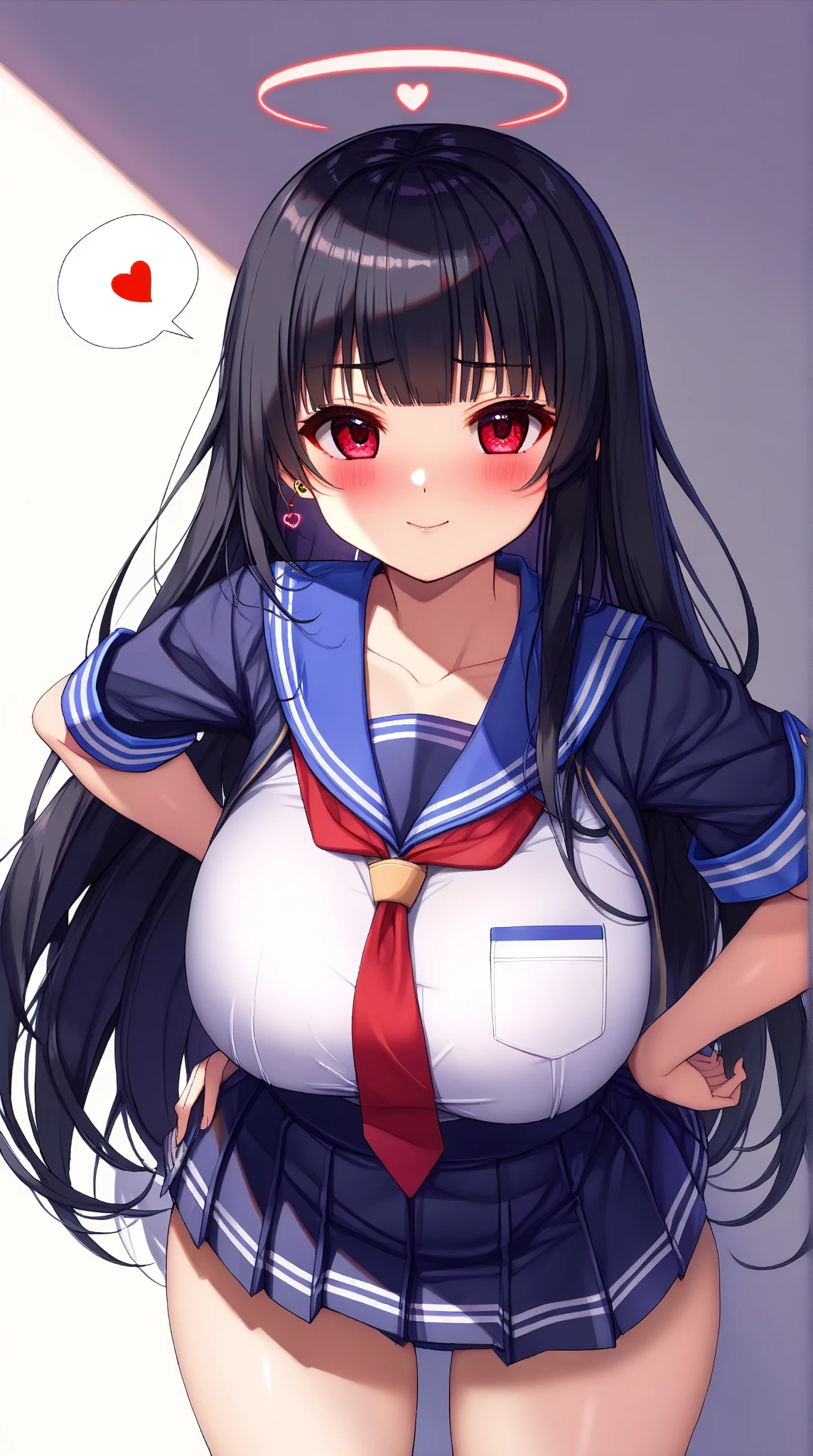 1girl, black hair, black thighhighs, blue eyes, blue skirt, blush, braid, breasts, closed mouth, collared shirt, knee shot, dress shirt, heart, heart-shaped pupils, juliet sleeves, long hair, long sleeves, looking at viewer, medium breasts, miniskirt, neck ribbon, ponytail, puffy sleeves, red skirt, ribbon, school uniform, shirt, skirt, socks, solo, standing, symbol-shaped pupils, thighhighs, very long hair, white sailor collar, white shirt, white socks