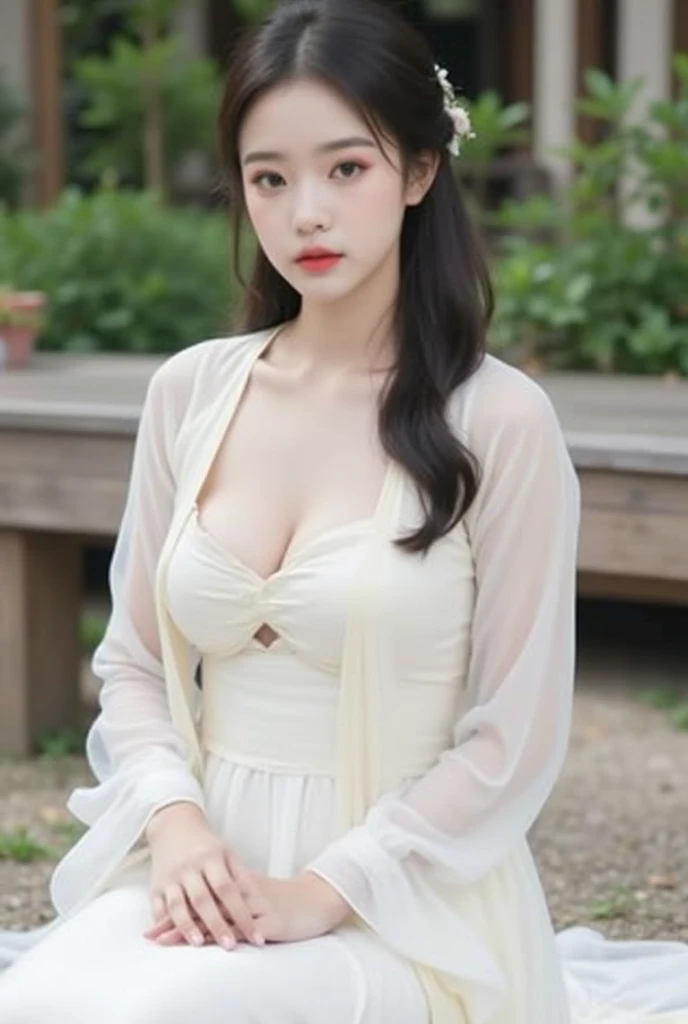 Photo style,hyper realisitc,Light rain falls in the pond and splashes,1 girl,big breast,Play Go in the pavilion,With a mother's smile, Detailed face, Wear white transparent clothes,deep v big breasts,High quality,Particles of Light.