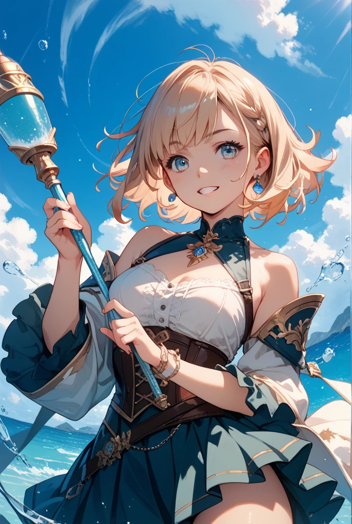 absurdres, RAW photo, extremely delicate and beautiful, masterpiece, Best Quality, ultra high resolution, 32k, hyperrealistic, ultra-detailed, 20 years old, detailed beautiful face, tearful mole, earring, very huge round breasts, short medium hair, wavy hair, wet clothes, (full body shot), alone, blonde hair, gauntlets, Joan of Arc, (surcoat), (cross armor),