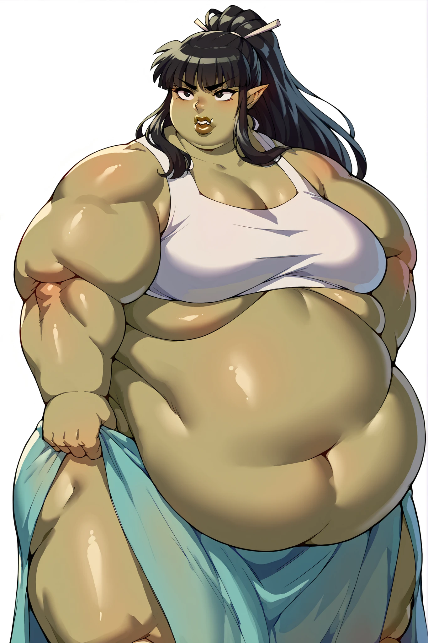 Oni girl, cleopatra hair, extreme muscle, big breasts, 4 arms, full body.