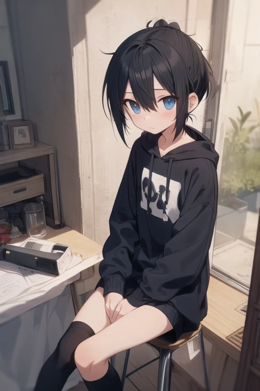 A boy halfway in transforming into a girl, scared look, black hoodie, blue jeans, serounded by boys, in pain