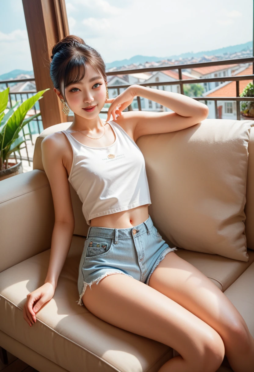 (((best quality))),(((ultra detailed))),(((masterpiece))),illustration,((1 beautiful girl, college student,solo)),((slim,thin,small breasts,flat chest)),(short ponytail:1.2),(sleeveless shirt:1.2), studying, books, dormitory, summer afternoon, sky, gloomy shadow, bed, wooden desk, bookshelf, soft warm light, lamp, gentle glow, almond-shaped eyes, textbooks, daydreaming, beach, cities, vacation, smile, pen, highlighting, notebook, dates, stretching legs, cushion, portable fan, soothing breeze, summer heat, herbal tea, thirst, potted plants, greenery, vibrant leaves, cozy atmosphere, determined expression, excel exams, summer break, intelligence, determination, achieve goals,((sitting on the sofa,arms behind back,spread legs apart,from front,full body))