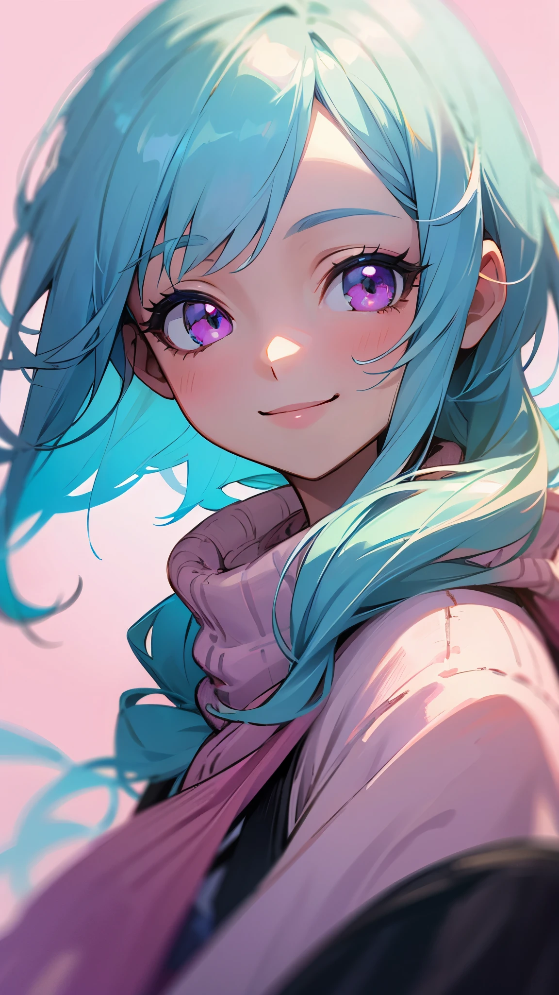 girl、light blue hair、pink eyes、smile、upper body closeup、colorful knitwear、smile、digital painting、bright color、soft lighting
