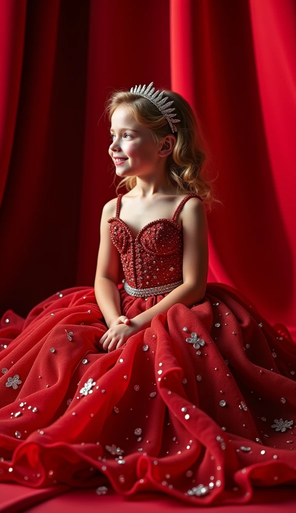 a close-up of a blonde child with long hair, BIG BALL OF electrified ICE IN HANDS. posando na frente de bolas de discoteca em uma sala, child girl wears a red dress, pose de glamour, fazendo uma pose elegante, posar para uma foto, em um vestido vermelho, usando um vestido vermelho, em estilo glamoroso, bola de discoteca ao fundo, modelo jovem bonita, usando um vestido cintilante, Photo of a promotional session, Retrato no meio da foto, vestindo trajes formais vermelhos