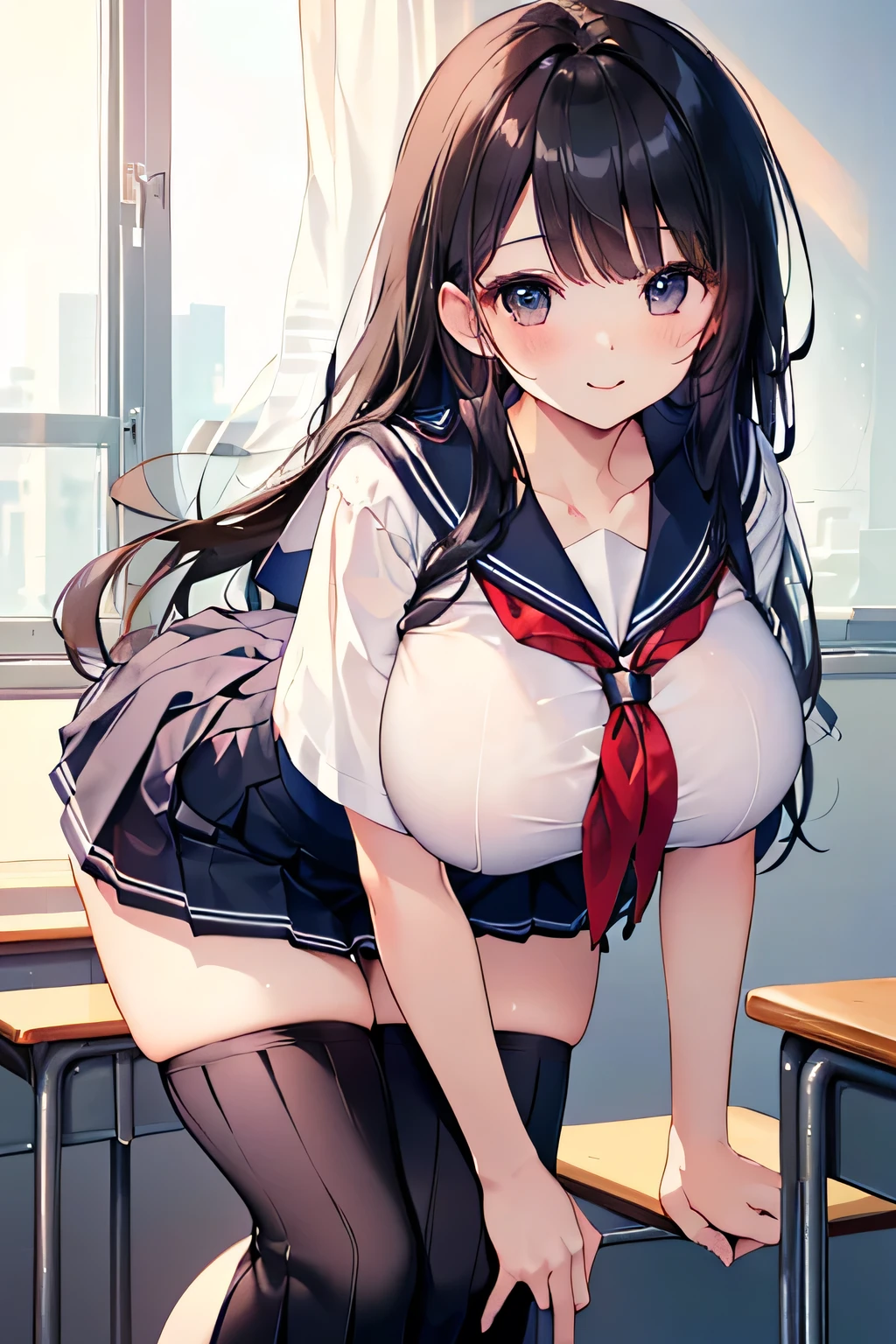 highest quality,wonderful,finely,extremely detailed CG Unity 8K wallpaper, (1 girl, Black Hair, side ponytail),(huge breasts:1.1),(sailor dress:1.3), (black stockings:1.1),(Thighs:1.1),(Waistline:1.1)