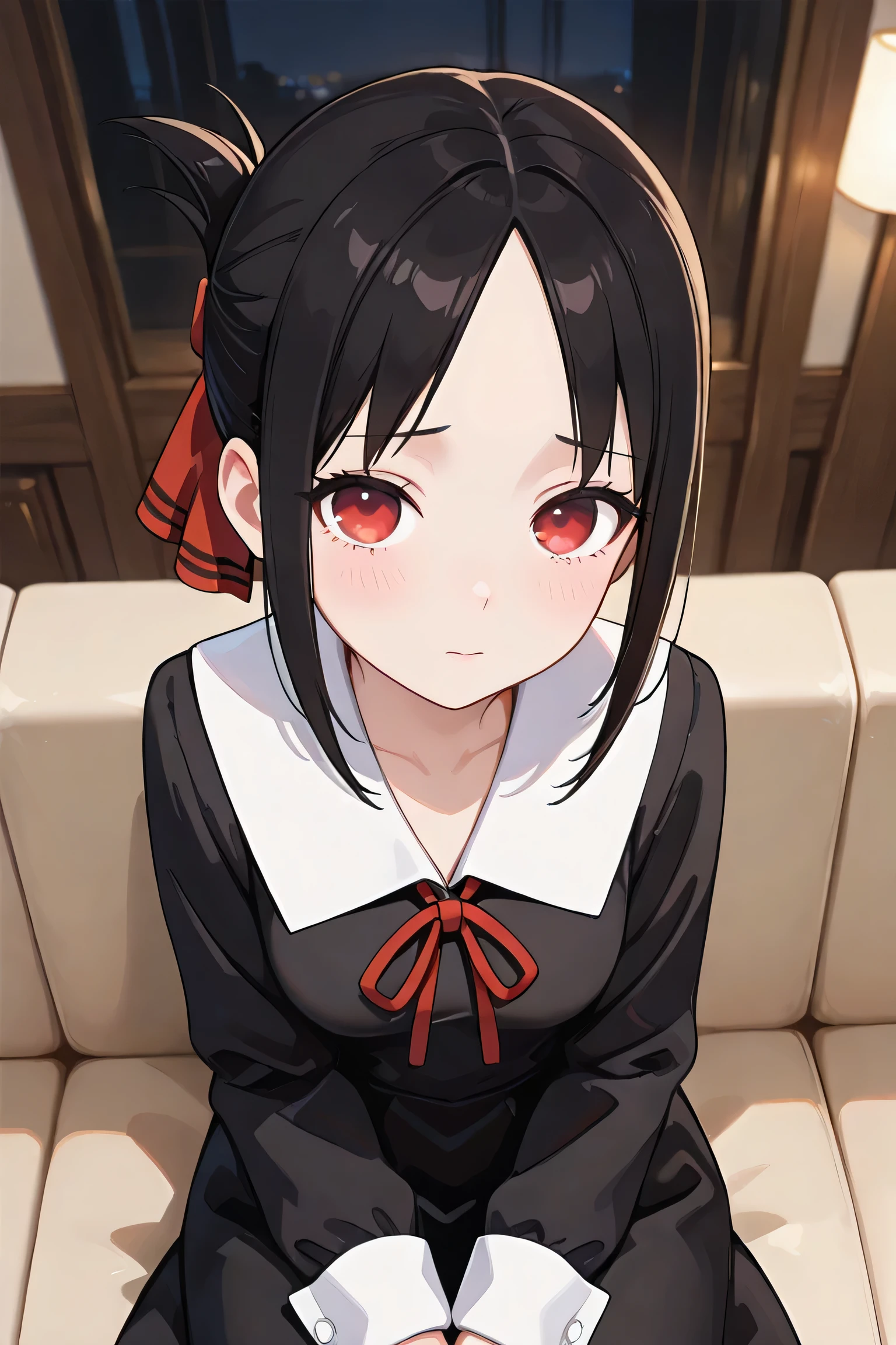 Masterpiece, Top Quality, Amazing Quality, Shinomiya Kaguya, Short Hair, Bangs, Black Hair, Red Eyes, Hair Ribbon, Side Locks, Folded Ponytail, Parted Bangs, Mature Woman, Small Breasts, Anime Screenshot, Long Sleeves, Dress, Ribbon, Uniform, Collarbone, Black Dress, Sailor Collar, White Sailor Collar, Red Ribbon, Neck Ribbon, Shuchiin Academy Uniform, Community, Headrest, Looking at the Viewer, Alone, Cowboy Shot, Sad Face, From Above, Focus on Face,
Masterpiece, Ultra HD, Cinematic Lighting, Photorealistic, Impressionist (1.5), High Resolution, Depth of Field, (Background Blur), (Dramatic Lighting), Masterpiece, Top Quality, Very Beautiful, 8K, Masterpiece, Top Quality, Realistic, Masterpiece, Top Quality, 8K, Sitting on the Sofa,