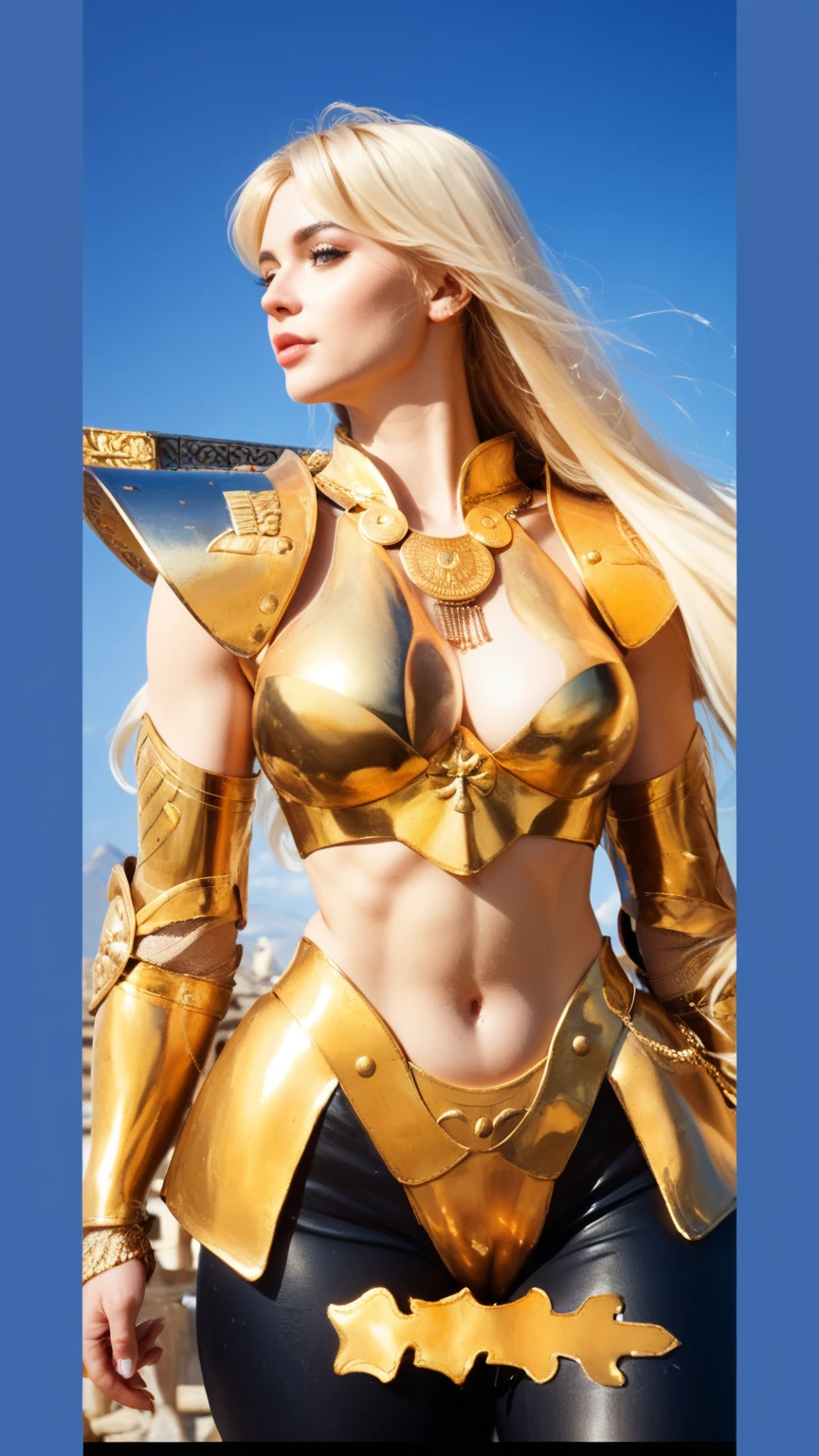 1girl (Charming Russian model Nata Lee), armlet, armor, light blonde haired, breasts, white_skin, helmet, jewelry, medium_breasts, navel, pelvic_curtain, realistic, solo, veil, (bouncy round butt), (droptear large_breasts:1.3), one piece high bikini, gold bra, gold jewelry, golden wrist, transparent tulle, (muscular:1.25), golden battle armor, high tech palace, smile, sexual suggestiveness, heavy armor, background with golden dragon,