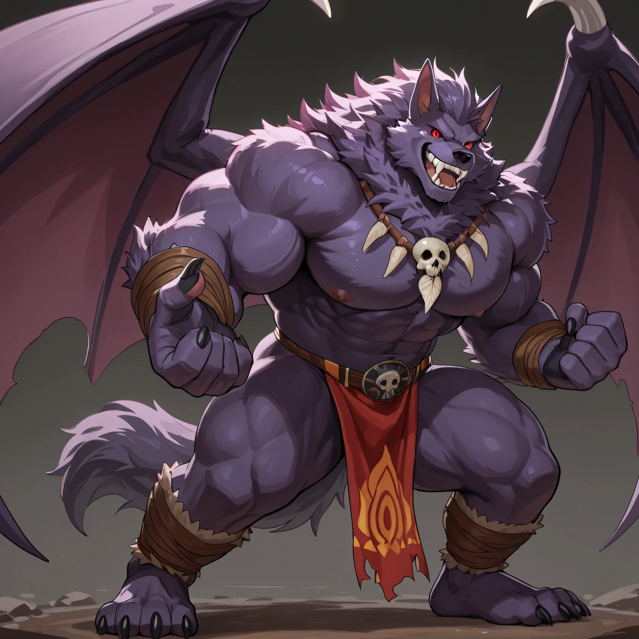 giant darkness wolf bat monster, solo, black and purple fur, red eyes, neck fur, fluffy body, evil smile, open mouth, large wings, large fangs, sharp nails, heavy weight bulky plump, wide pectoral muscles, muscular, venis popping, red lion cloth, tribal costume, strong fighting pose, looking at viewer, full body, white background, from below
