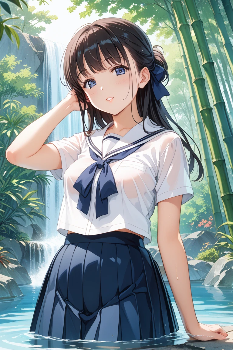 highest quality、High resolution、detailed background、Beautiful and dense face、beautiful and smooth skin、skin texture、braided twin tails、(huge breasts:1.3)、(realistic:1.2)、perfect body line、(3人のcute女の子:1.5)、
((Thin white sailor suit made of see-through material:1.4))、white sailor collar、pink floral embroidered panties、No bra、(My clothes are wet and transparent:1.2)、the whole body is wet、water dripping、hair is wet、
(Three people having fun at a water play spot:1.2)、Laugh playfully、smile、sexual expression、emphasize the chest、emphasize cleavage、emphasize the underboob、
Puff out your cheeks to express shyness or cuteness、Wrap your hair around your fingers、Put your hair back behind your ears、Express your happiness and excitement by making small jumps。、express energy and activity、
Put your hand over your mouth to express surprise or embarrassment、It can bring out your cuteness and modesty.、
Bow or wave?、cute、panty shot、camel toe