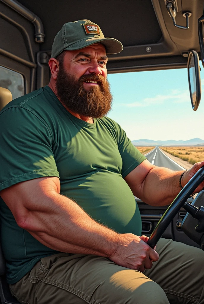 An oil painting of a full-length portrait of a charismatic Caucasian male, super sexy, caliente, calvo, camionero, pesado, 60 years old, en una carretera (calvo y fuerte), Musculoso, huge biceps, tatuado, (culturista extremadamente peludo con una gran barriga), camiseta, short rotos con agujeros extremadamente ajustados, enormes piernas peludas y musculosas, enorme y peludo culo, huge groin area, con el pene fuera, La escena se desarrolla en un entorno realista, Capturando al hombre's happy expression, Los colores brillantes dominan la paleta, creando tonos luminosos e intrincados. Art Station style adds depth and detail to the scene.., with intricately drawn lines and animated elements –t2. (Mejor calidad:1.0), (ultra high resolution:1.0), Hyper realistic