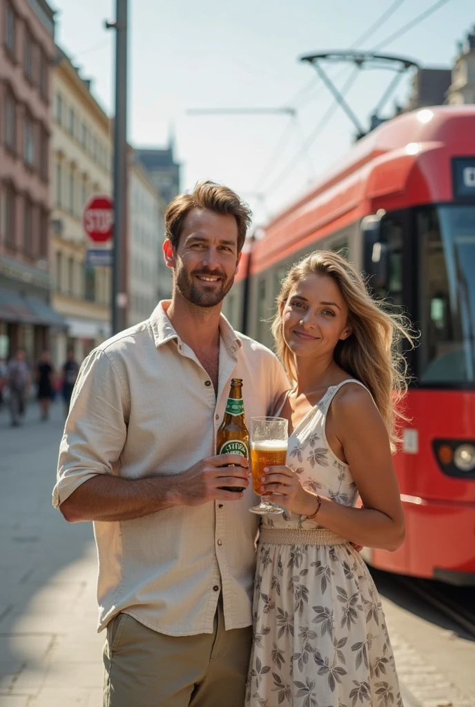 Image of a man and woman hugging at a train station, they are facing each other in an emotional embrace, ((Handsome 35 year old caucasian man with desireable features, medium length light brown hair, faded sides, clean shave face, BREAK, intriguing green eyes, tall and fit, athletic physique, seductive smile with confident expression, BREAK, red tee shirt, BREAK, white shorts)), BREAK, ((the most beautiful 25 year old caucasian woman, long straight (blonde:1.2) hair, blonde goddess, BREAK, light blue eyes, perfect face and makeup, captivating smile, fit and toned physique, sexy body, Playboy model, BREAK, tight red tee shirt, black ruffled skirt)), colorful background, bright natural lighting highlight their excellent features.