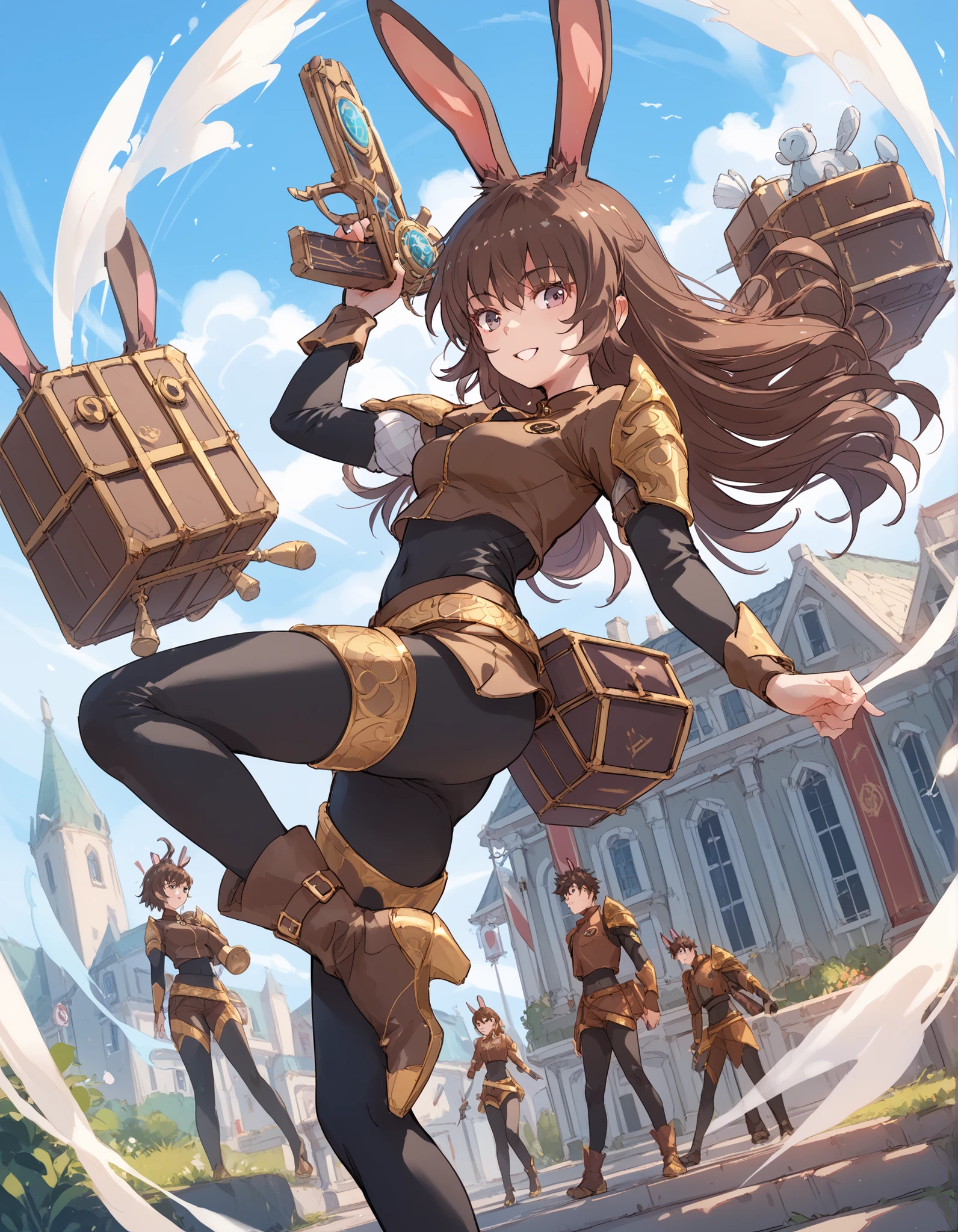 Velvet_RWBY, Rabbit ears, brown hair, thighhigh boots, black body suit, brown armor,