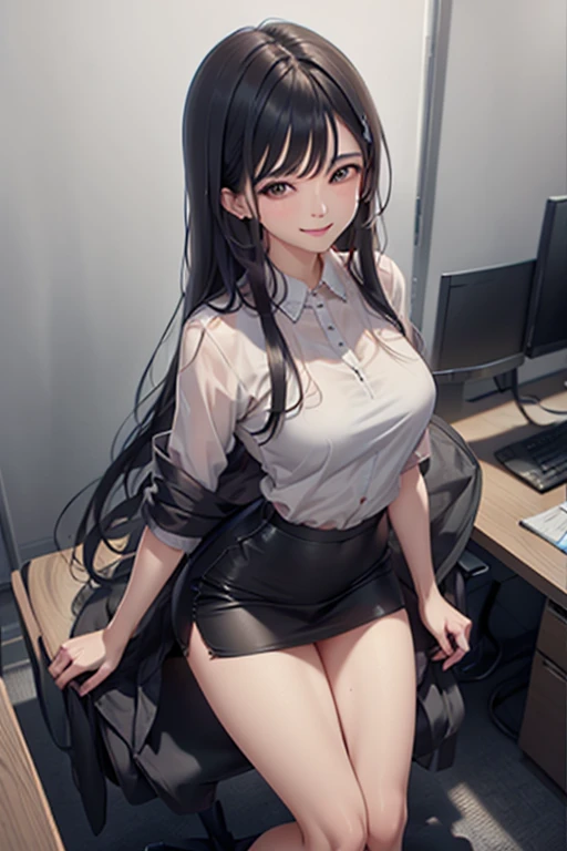 One Girl, alone, ((White shirt)), Black knee socks, With pride, Cleavage,Black panties,Show off your panties to your audience,Spread your legs wide,脚をSpread your legs,I can see your pants,Spread your legs and show me your panties,Her shirt was turned up、Bra is visible,Spread your legs,Black bra,Big Ass,Large Breasts,Low - Angle,Chair下からのアングル,Black pantyhose、 Cowboy Shot,uniform, officeの背景, Black Skirt, Pleated skirt, Very short skirt,pantyhose,office,E Cup, Look at the viewers, alone, Thighs ((masterpiece)), sit, Chair, desk work, Computer on the desk, Name tag, ID Day, in house, blush, Sexy pose
