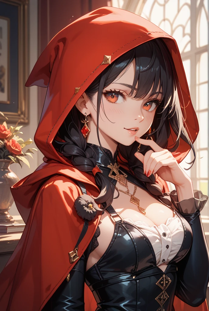little red riding hood, fireplace, Dining table, Bloody steak, Candles, red wine