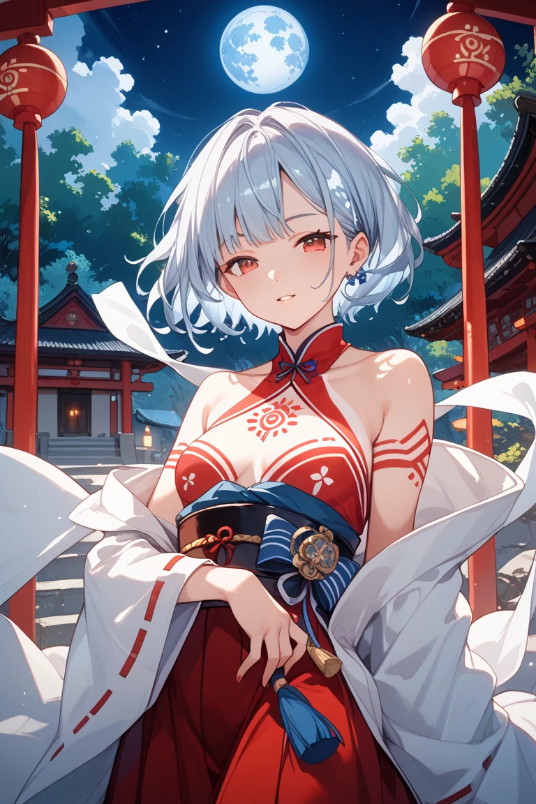 (master masterpiece)、(The Highest Quality)、(ultra details)、(best anatomy)、OFFICIAL ART、One Girl、Lori with light-coloured hair、Petite little girl、miko、Silk Hakama、small breasts、cleavage breasts、off shoulders、sideboob、Thigh Focus、Wet and see-through、shinto shrine、lake