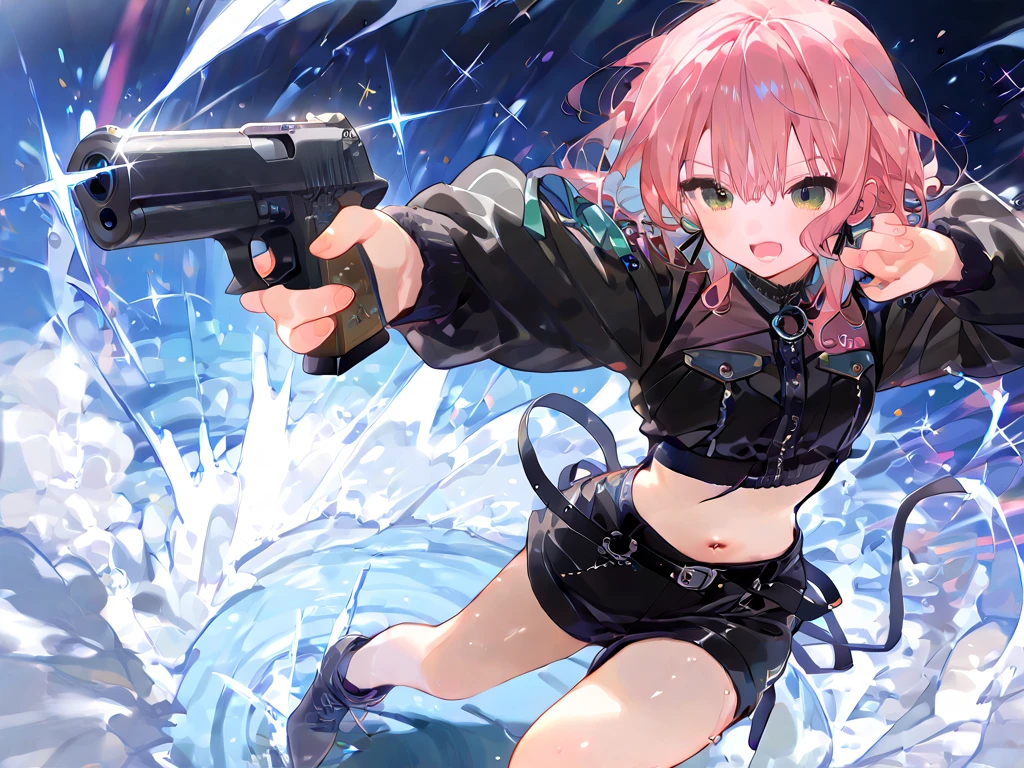 Fractal underwater background, fractal cloud sky, neat school swimsuit, thick eyebrows, leather backpack, heavy weapons protruding from the backpack, (dark skin: 1.3), black gloves, brown skin, open stance, movie lighting, small, beautiful light pink hair, (masterpiece), ((highest quality)), (super detailed), glossy skin, Full body anime girl, solo, clean and detailed anime face, high resolution anime eyes, five fingers, textile shading, perfect human structure, perfect ,