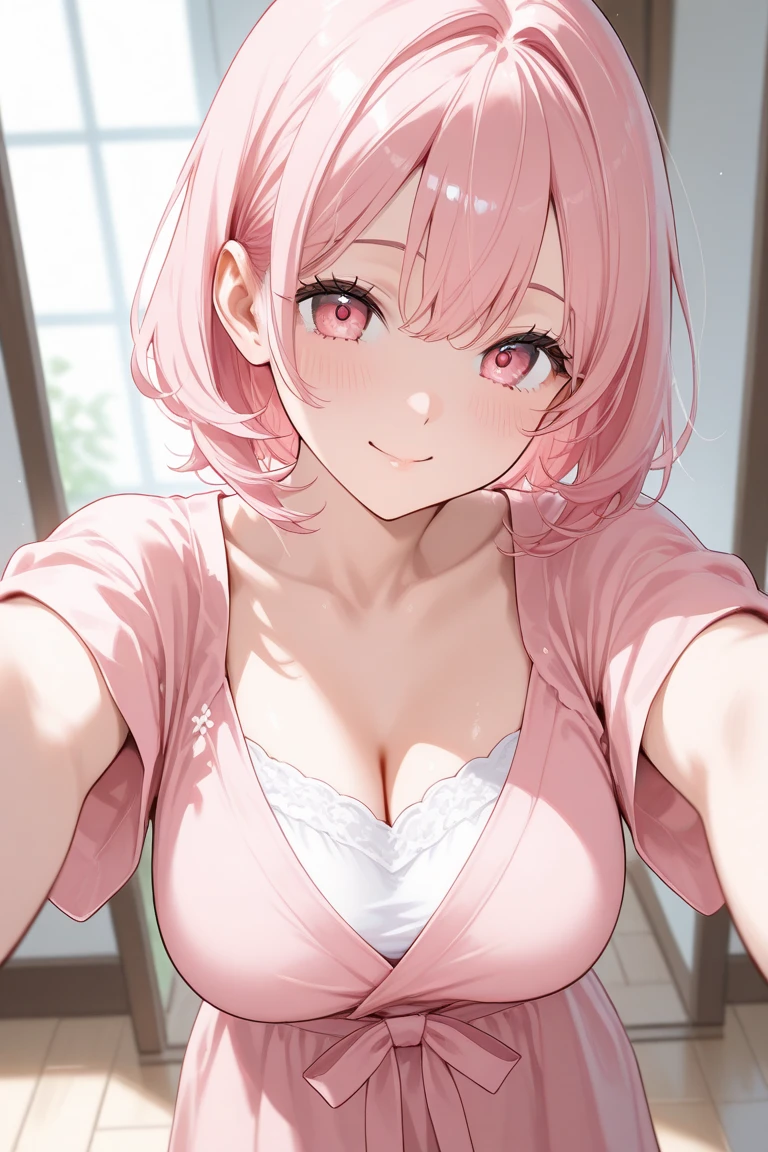(Best quality:1.3), brown ponytail, large breasts, cleavage, nurse outfit, smiling, (pov, close shot),show NSFW,pink bra