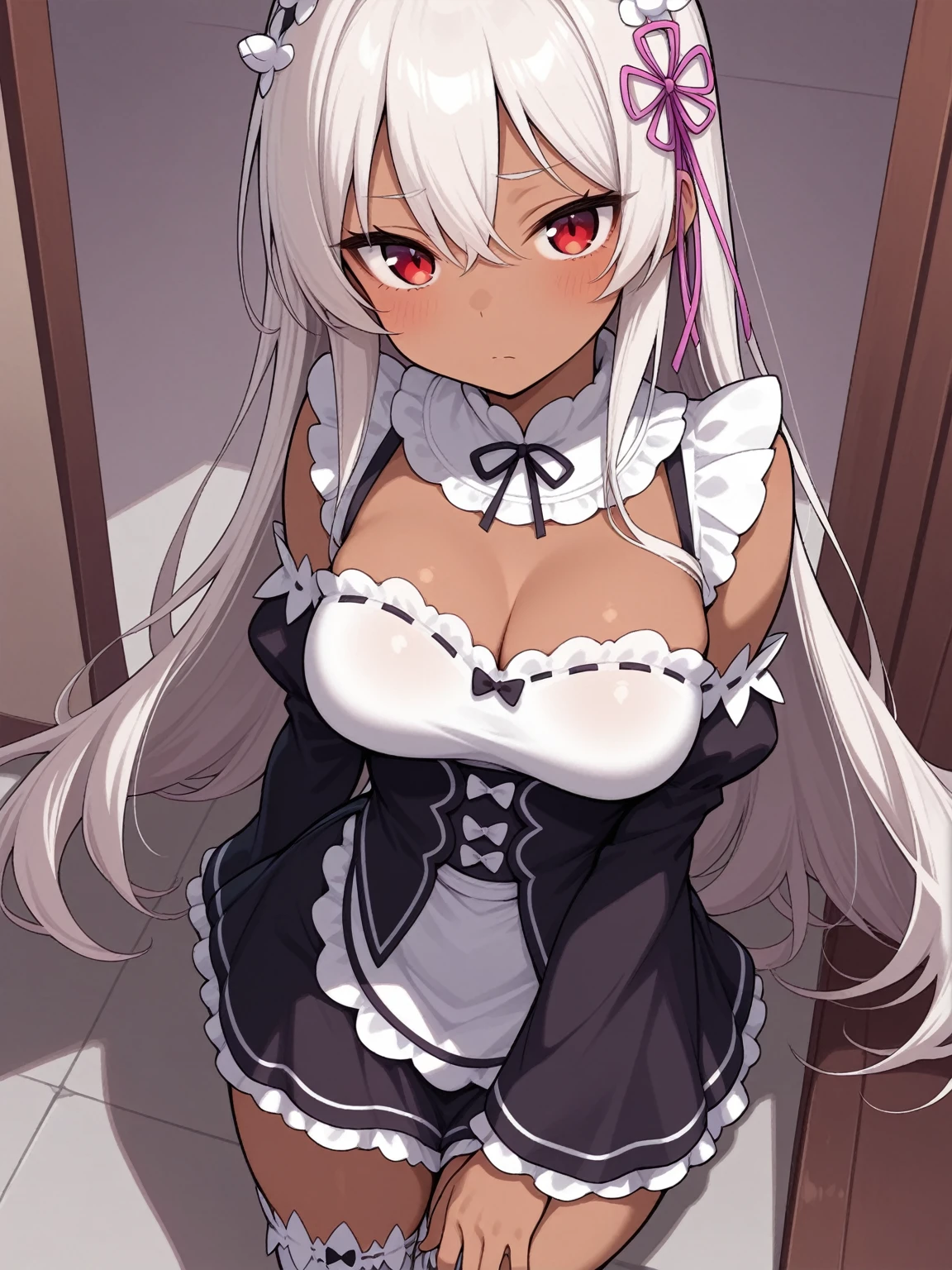 NSFW,((1man with 1woman,Having sex)), Woman on top,Hand down,Slouched,straddle,tiny girl,Colossal tits,Whip thighs,maid clothes,Detached sleeves,Twintails with white beard,Naughty face,AHE Face,Drooling,Top image quality,Best Quality